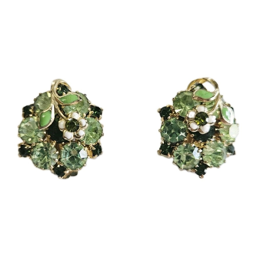 Rare Vtg Signed Weiss Rhinestone Flower Earrings Set